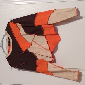 Shein Long Sleeve Crop Top Brown Tan & Orange Patchwork Size XL